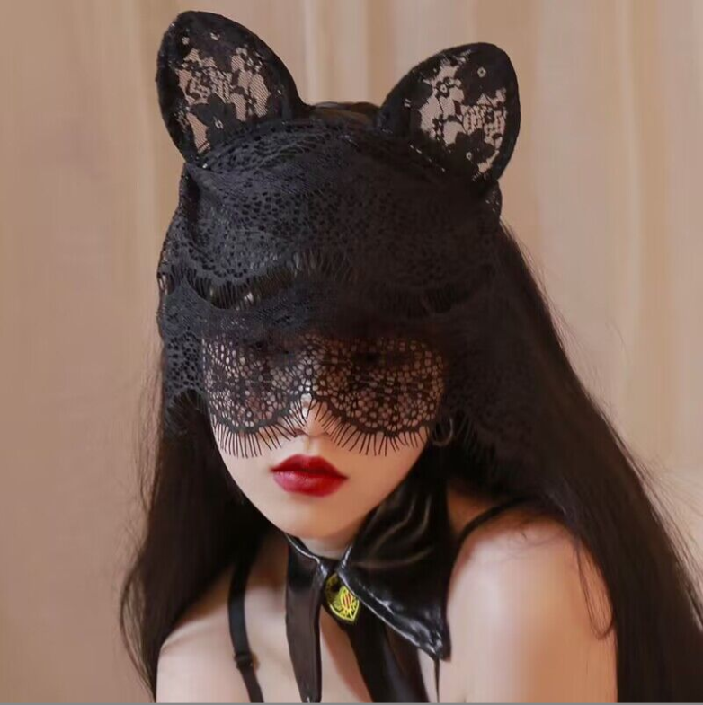 Black Lace Cat Ears Veil Mask Gothic Masquerade Costume Headpiece